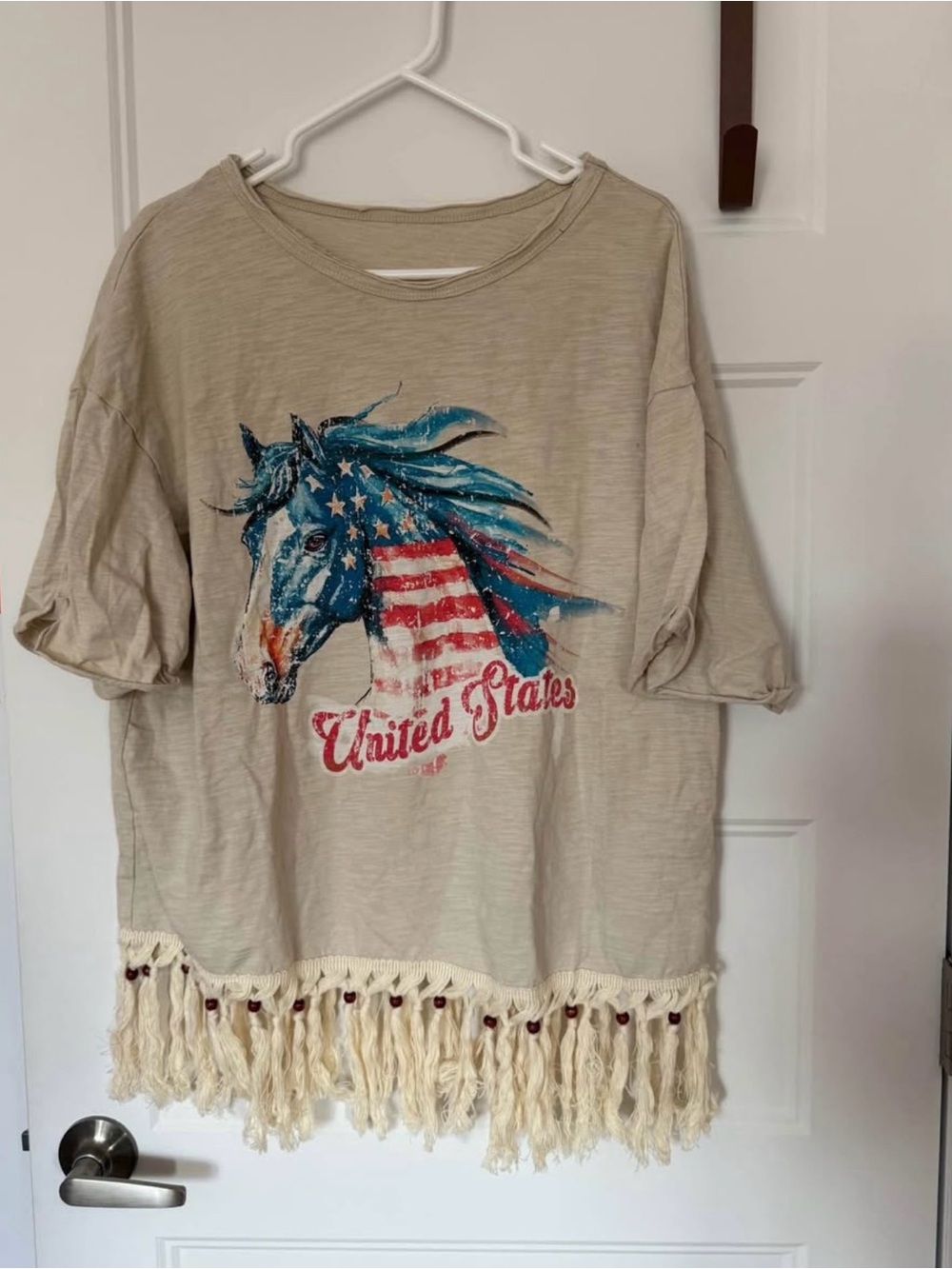 SHEIN Cream Graphic Horse Fringe Short Sleeve Tee